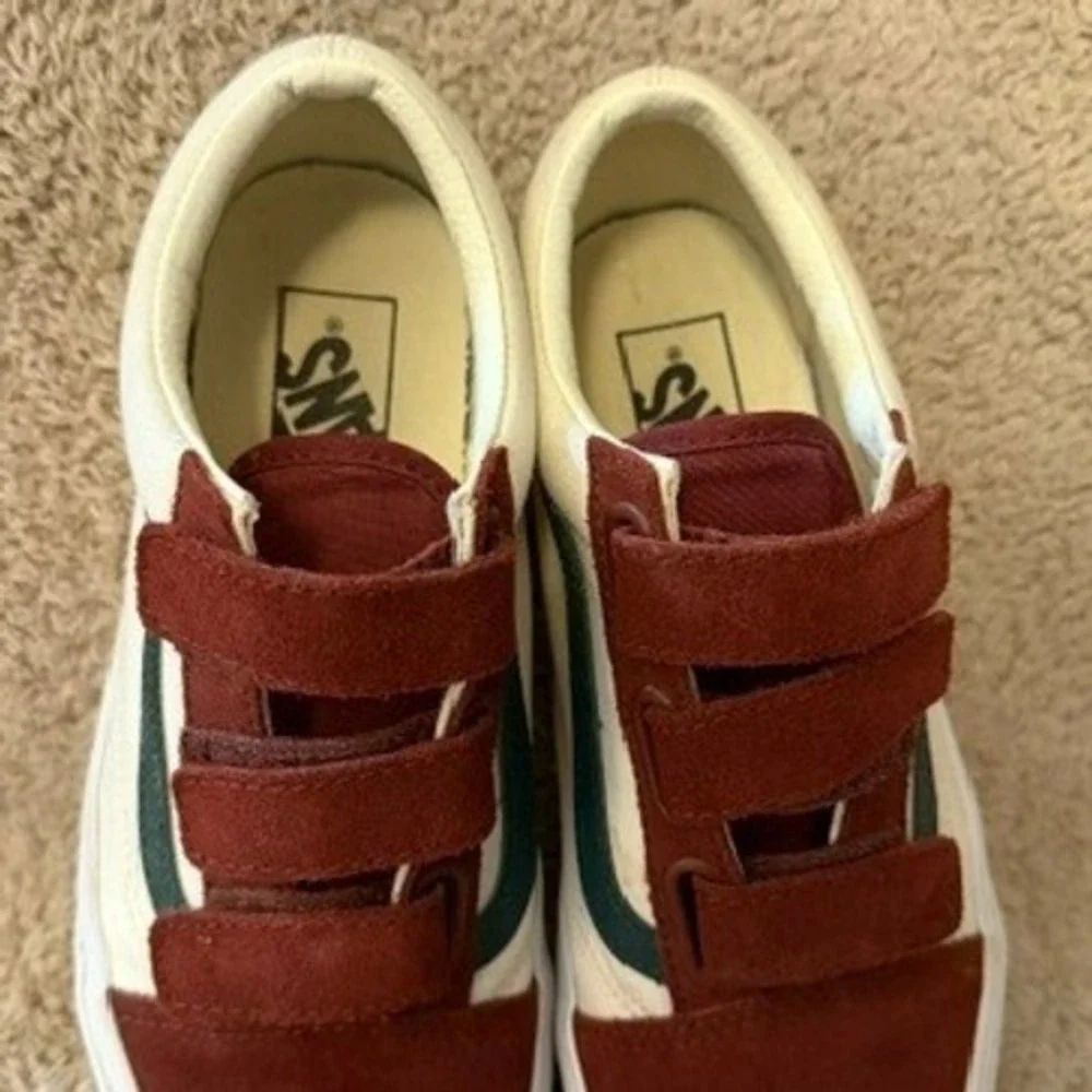 Vans Old Skool V Burgundy Cream Green Suede Canvas Triple Strap Womens Size 7.5
